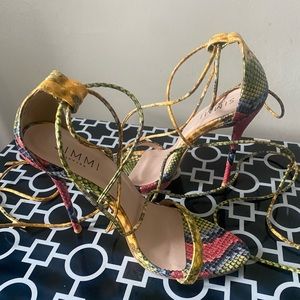 Yellow snake ankle tie heeled sandals-size 8